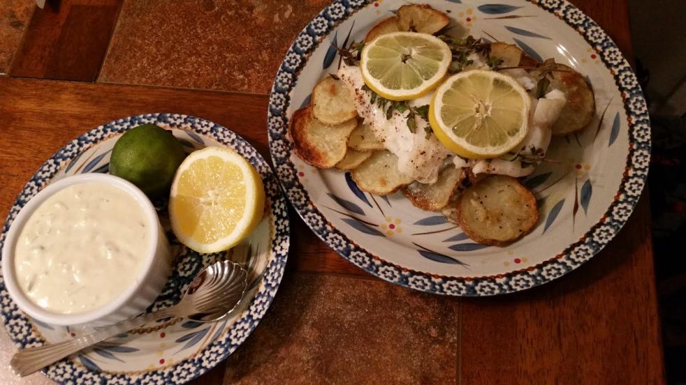 Fish and potatoes with whiskey tarter sauce